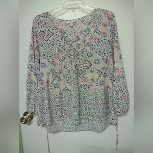 Style & Co Geometric Multicolor Mom Flowy Babydoll Sheer Nylon Tie Blouse MP